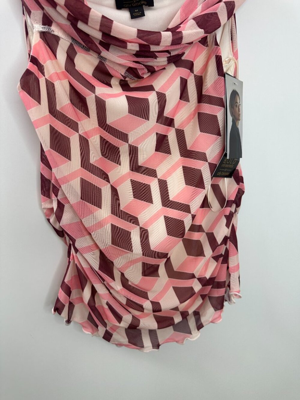 NWT Bold Elements x Ally Brooke Geo Print Mesh Top Ruched Off Shoulder Office - Picture 4 of 8